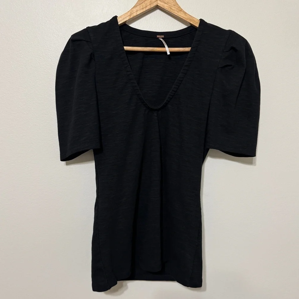 Free People Ellery Puff 3/4 Sleeve V Neck Top Size Large Black